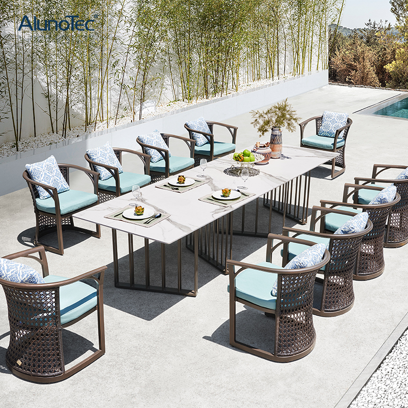 Luxuriöses, modernes Design-Gartenmöbel-Ess-Set, Outdoor-Rattanstühle für 10 Personen 