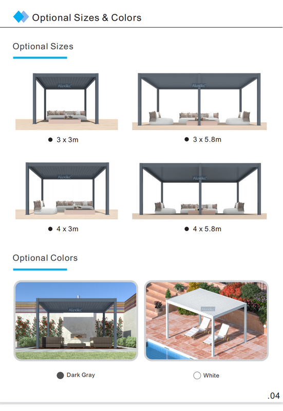 AlunoTec Standardgrößen, öffnende Dachlamellen, Pavillon, Garten, Aluminium, manuelle bioklimatische Pergola