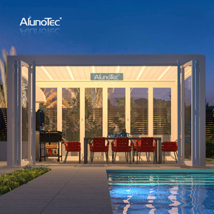 AlunoTec 4 x 9 m Pool, Grillplatz, Wohnen im Freien, Lamellendach, eine Pergola-Abdeckung mit klappbarem Schiebeglas