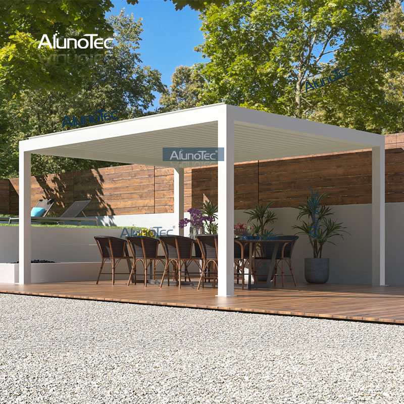 AlunoTec Outdoor-Schatten, schwarze Terrassenwand, 4 m breit und 5 m lang, Pergola-Lamellen mit LED
