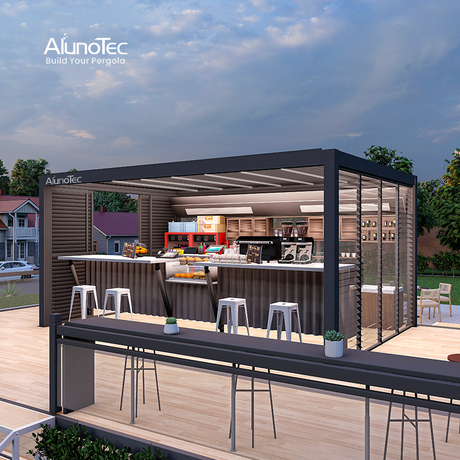 AlunoTec Purgola Dach wetterfeste Outdoor-Kaffeebar-Terrassenkonstruktion mit Lamellenoberseite