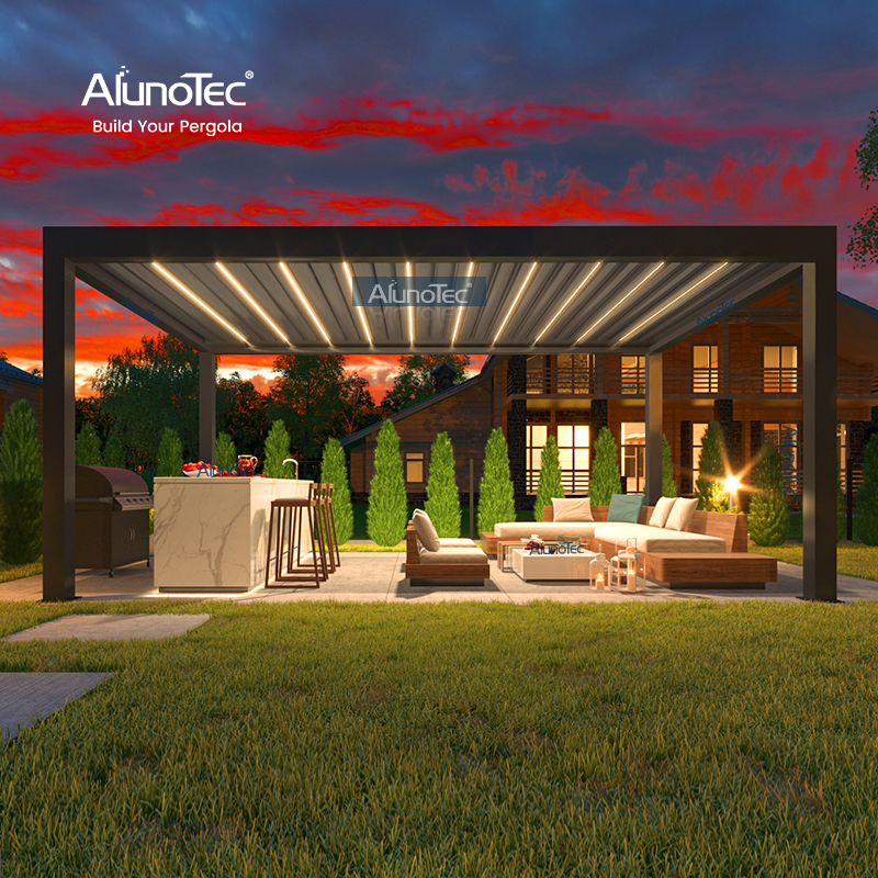 AlunoTec Backyards Hot Tubs Decks Gardens Schwarzgraue Pergola mit RGB-Licht