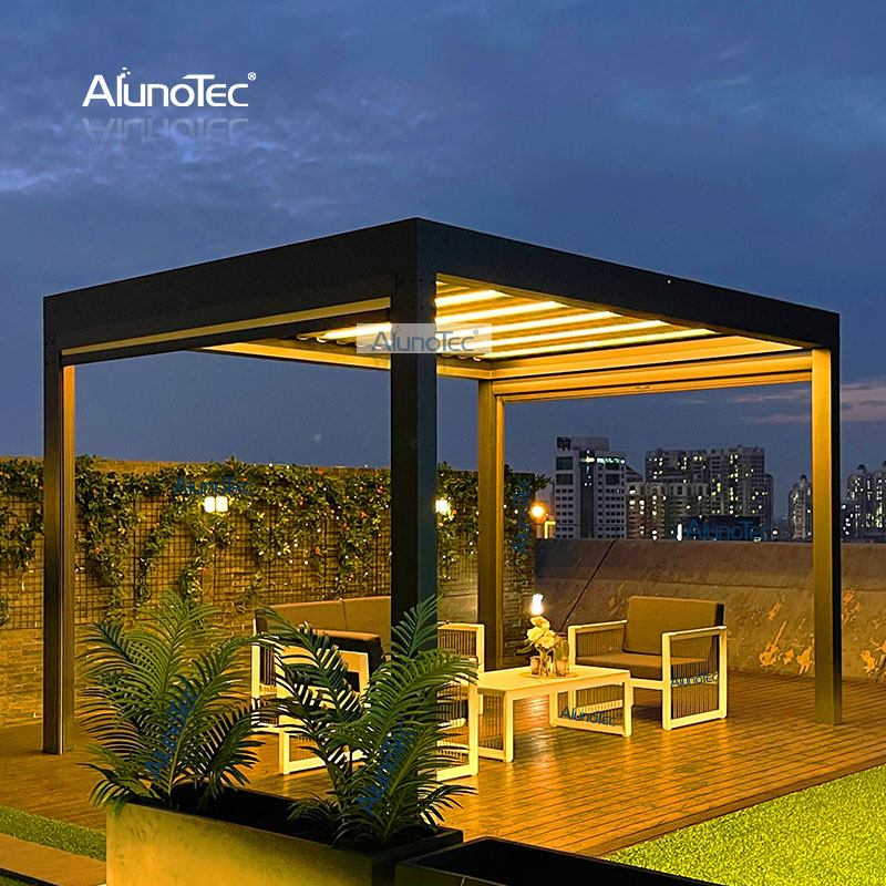 AlunoTec 10' tiefe x 24' breite motorisierte Beton-Pergola mit erhöhtem Deck und LED-Licht