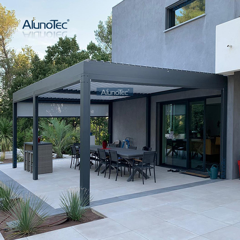 AlunoTec 6 mx 4,5 m Struktursystem, Preisgestaltung, motorisierte Jalousien, Pergola-Designs mit Deckenventilator, LED-Leuchten