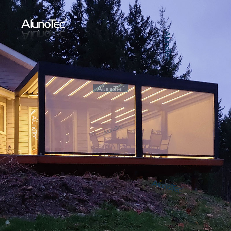 AlunoTec 10' tiefe x 24' breite motorisierte Beton-Pergola mit erhöhtem Deck und LED-Licht