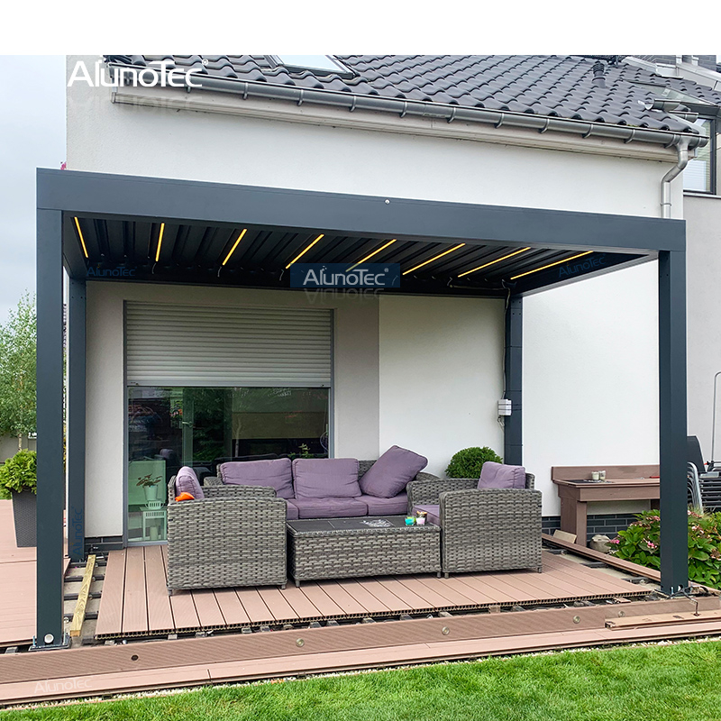 AlunoTec 6 mx 4,5 m Struktursystem, Preisgestaltung, motorisierte Jalousien, Pergola-Designs mit Deckenventilator, LED-Leuchten