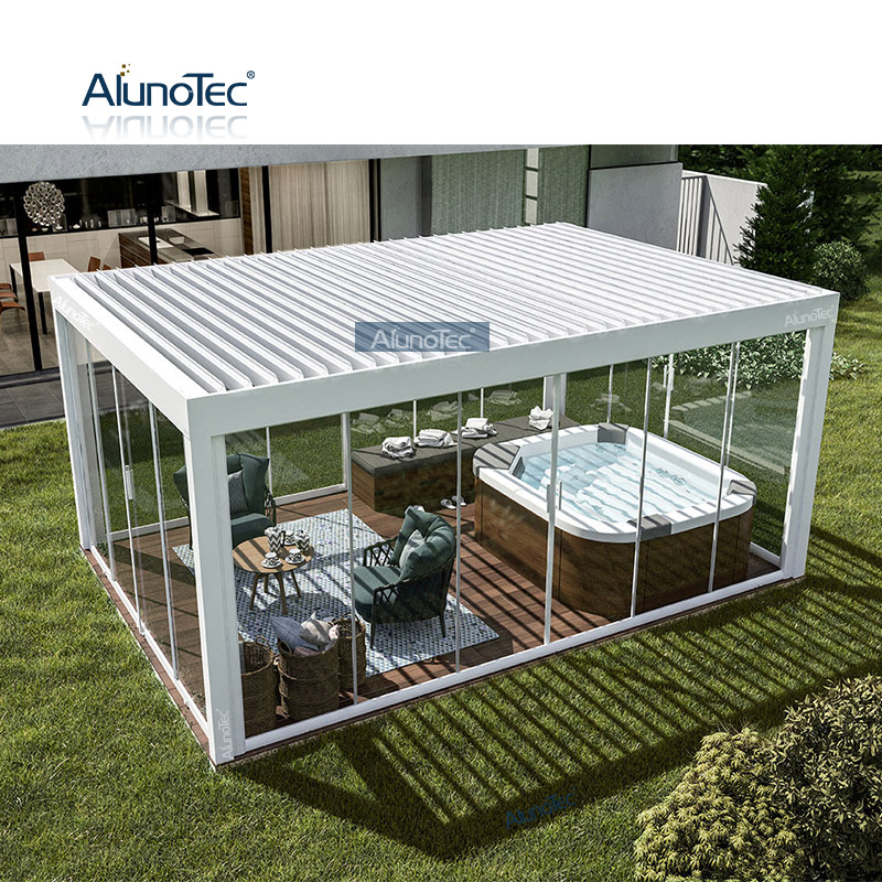 AlunoTec Outdoor-Öffnungsdachsysteme, motorisierte graue 3 x 4 Meter große Pergola, deckt Designs mit Zaun ab