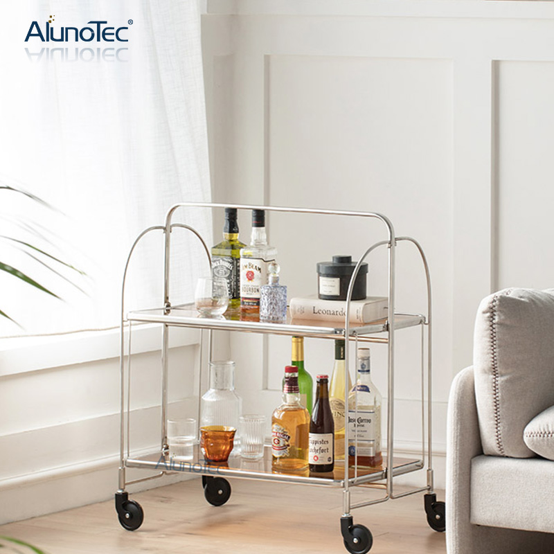 AlunoTec Rollender Weinwagen, Wohnzimmer-Teewagen, 2 Etagen, beweglicher Barwagen mit Glastischplatte