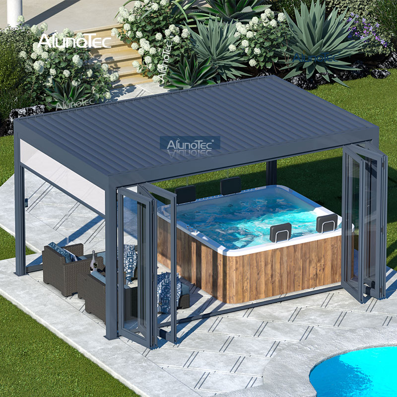 AlunoTec 4 x 9 m Pool, Grillplatz, Wohnen im Freien, Lamellendach, eine Pergola-Abdeckung mit klappbarem Schiebeglas