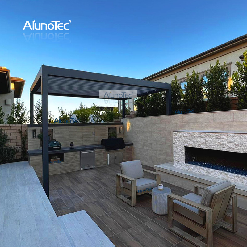 AlunoTec 4 x 9 m großer Pool-Grillbereich, Lamellendach, Abdeckung einer Pergola mit Glasschiebewänden.