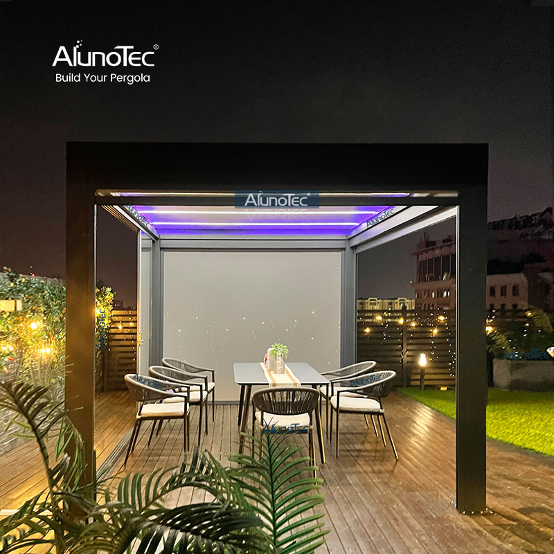 AlunoTec Lamellen-Terrassenabdeckung, motorisierter Decken-Pergola-Bereich mit automatischen Fliegengittern