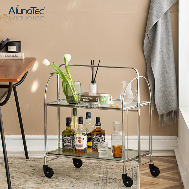 AlunoTec Rollender Weinwagen, Wohnzimmer-Teewagen, 2 Etagen, beweglicher Barwagen mit Glastischplatte