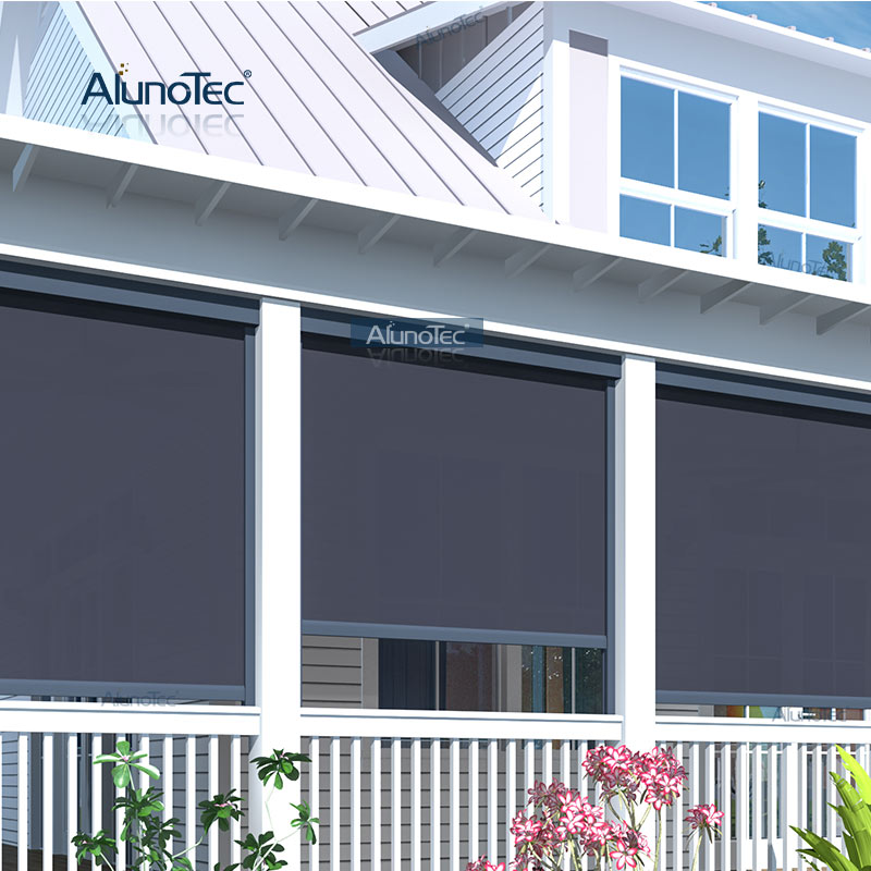 Anti-UV-motorisierte Stoffrollos, vertikale Terrassenvorhänge, Schattenläden, Außenjalousien mit Reißverschluss
