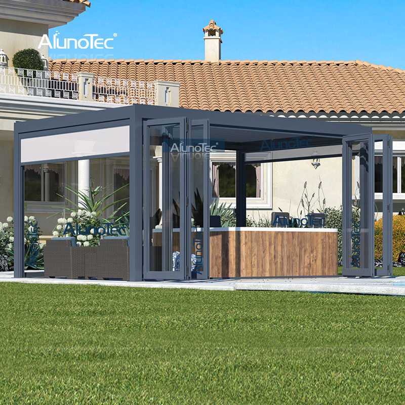 AlunoTec 12'x17' Angebautes Haus mit Lamellenpergola deckt einen Terrassenweg zu einem günstigen Preis ab