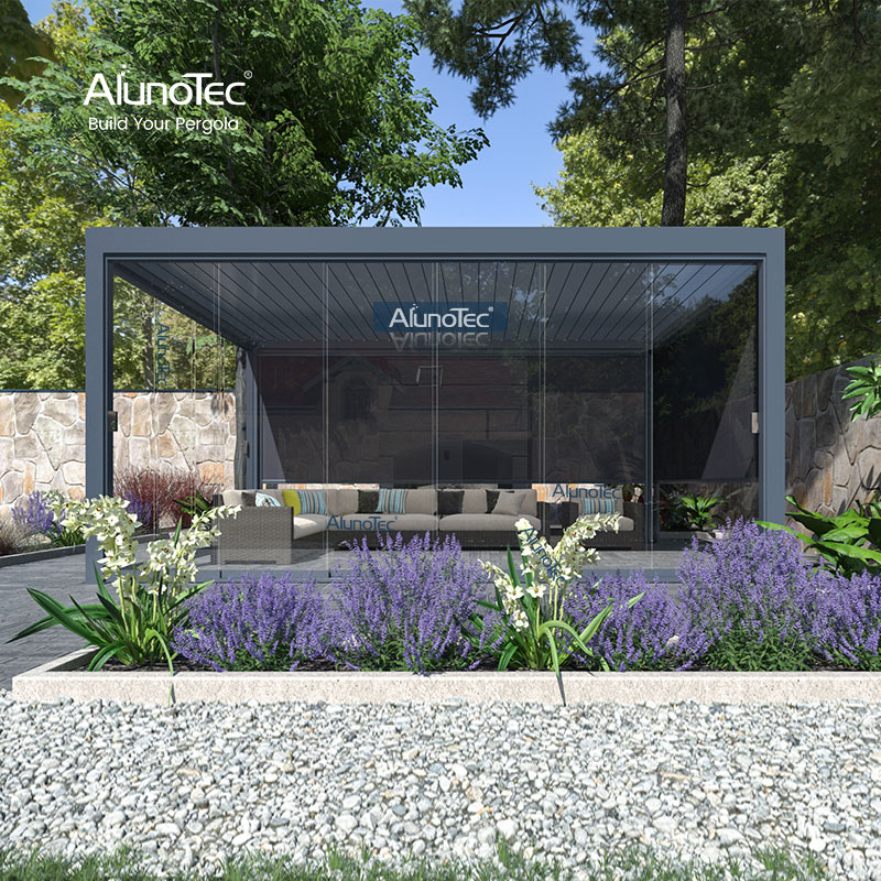 AlunoTec Lamellen-Terrassenabdeckung, motorisierter Decken-Pergola-Bereich mit automatischen Fliegengittern